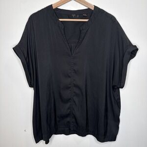 Tahari T Woman Boxy Blouse Top 2X Black Cuffed Short Sleeve V Neck Shirt Flowy